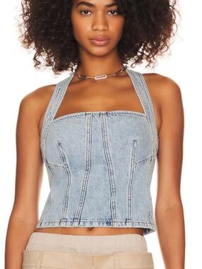 Denim Halter Crop Bustier Top Large Sincerely Jules Blue Acid Wash Stretch